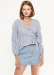 Smocked Sleeve Stripe Wrap Blouse in Blue - My Store