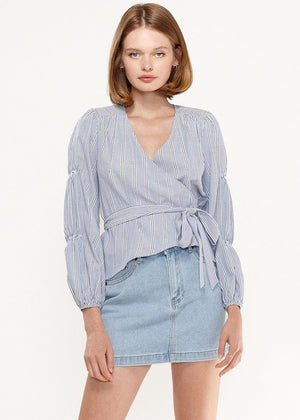 Smocked Sleeve Stripe Wrap Blouse in Blue - My Store