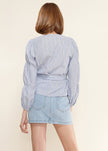 Smocked Sleeve Stripe Wrap Blouse in Blue - My Store