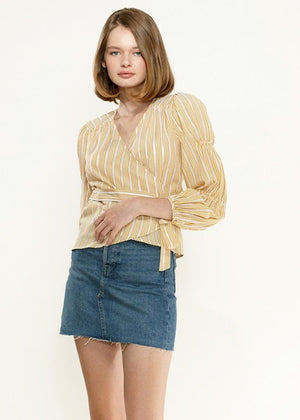 Smocked Sleeve Stripe Wrap Blouse in Yellow - My Store