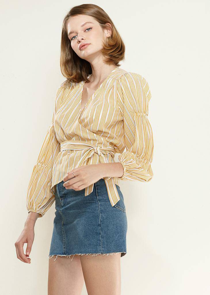 Smocked Sleeve Stripe Wrap Blouse in Yellow - My Store