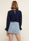 Women's Stitch Accent Puff Shoulder Bell Cuff Top in Navy - My Store