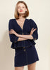 Puff Shoulder Button Front Peplum Top in Navy - My Store