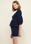 Puff Shoulder Button Front Peplum Top in Navy - My Store