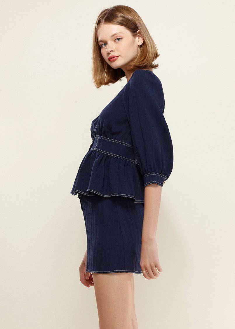 Puff Shoulder Button Front Peplum Top in Navy - My Store