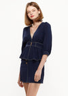 Puff Shoulder Button Front Peplum Top in Navy - My Store