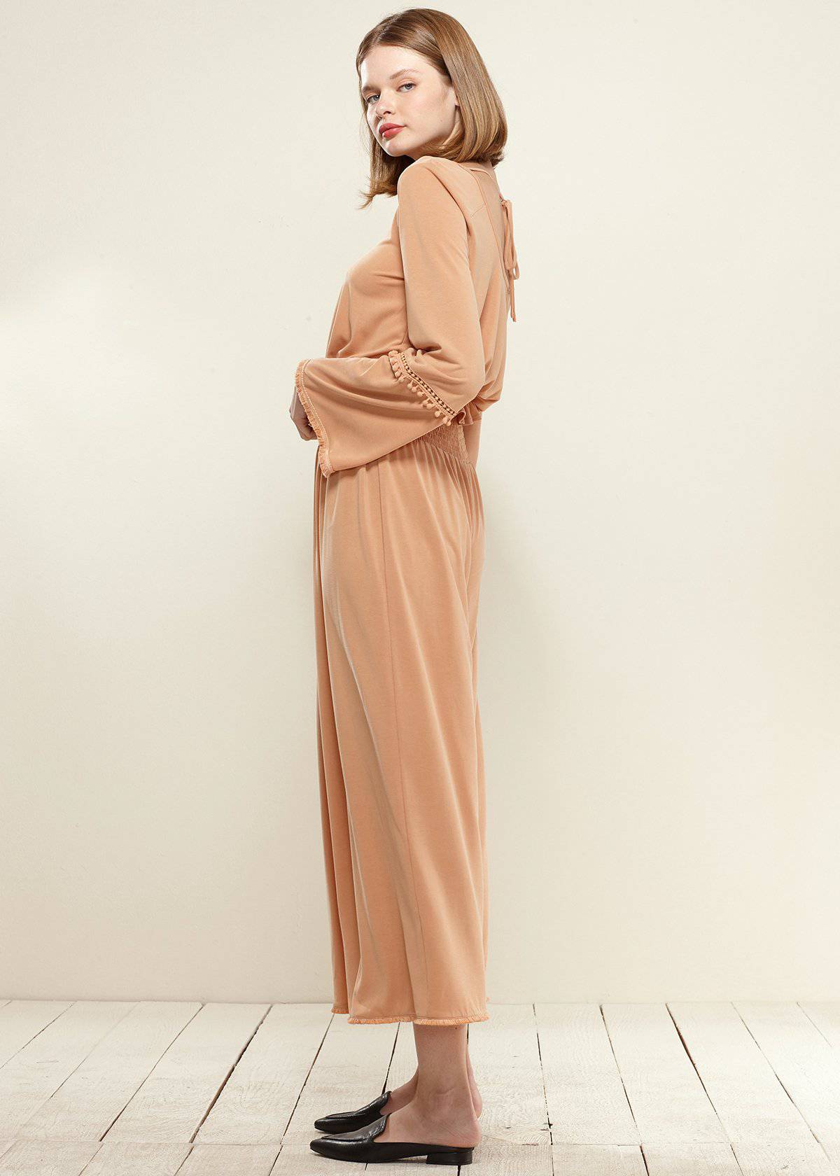 Smocked Waist Wide Leg Palazzo Pants in Apricot - My Store