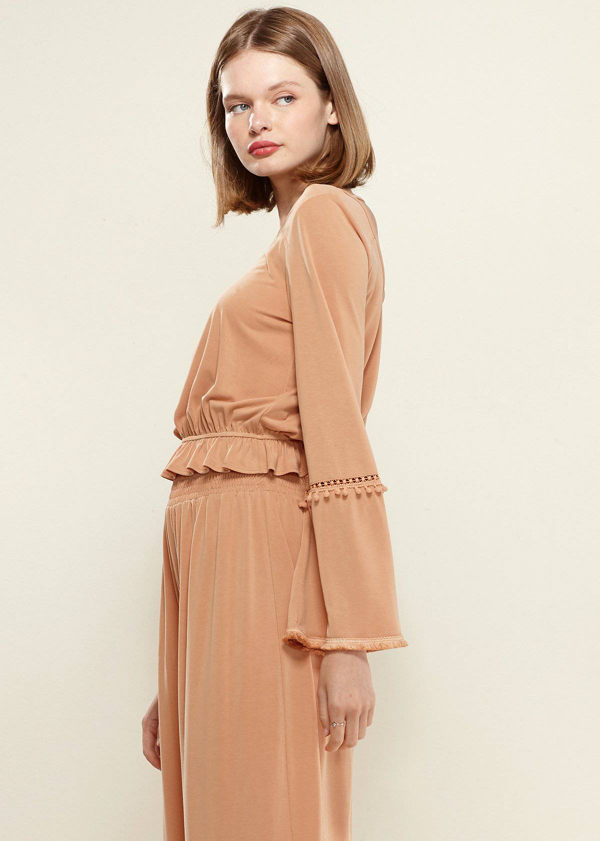 Women's Fringe Cuff Bell Sleeve Top in Apricot - My Store