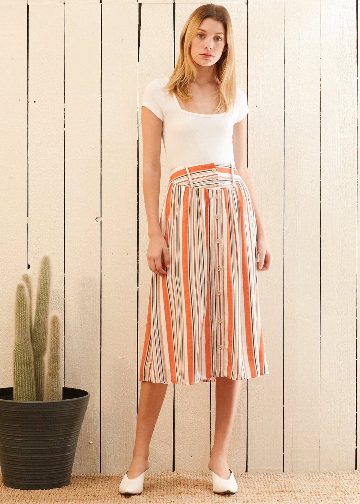 Women's Multi Stripe Button Front Midi Skirt in Rust Multi - My Store