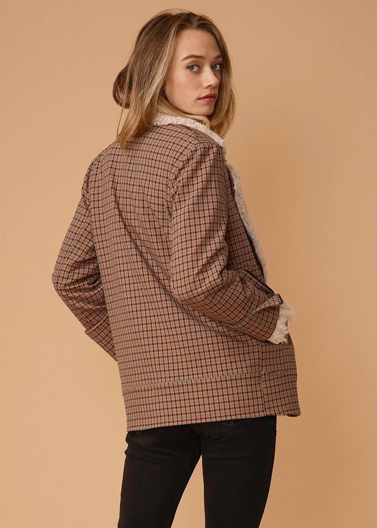 Asymmetrical Zip Front Coat in Peach Gingham - My Store