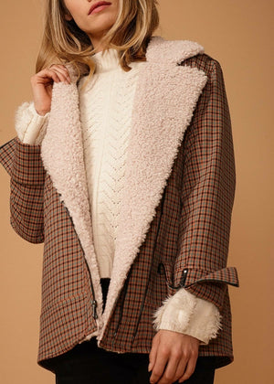 Asymmetrical Zip Front Coat in Peach Gingham - My Store