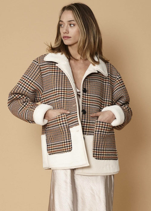 Women's Plaid Fur Jacket in Rust Houndstooth - My Store