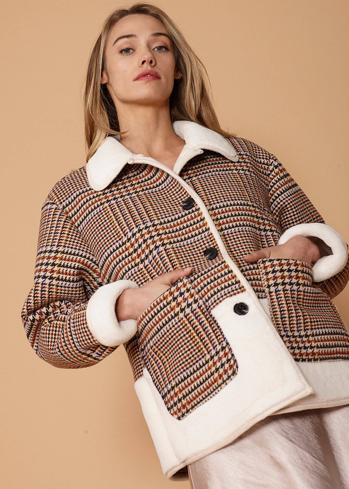 Women's Plaid Fur Jacket in Rust Houndstooth - My Store