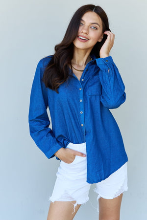 Doublju Blue Jean Baby Denim Button Down Shirt Top in Dark Blue - My Store