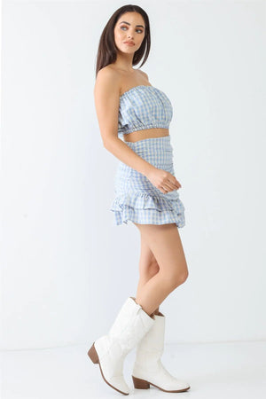 Plaid Cotton Strapless Crop Top & High Waist Flare Hem Mini Skirt Set - My Store