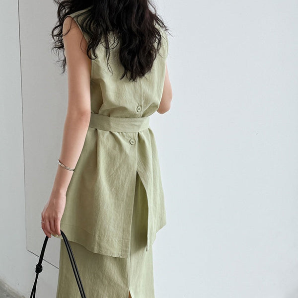 French Style Cinched Sleeveless Top & High-Waist Skirt Set - My Store