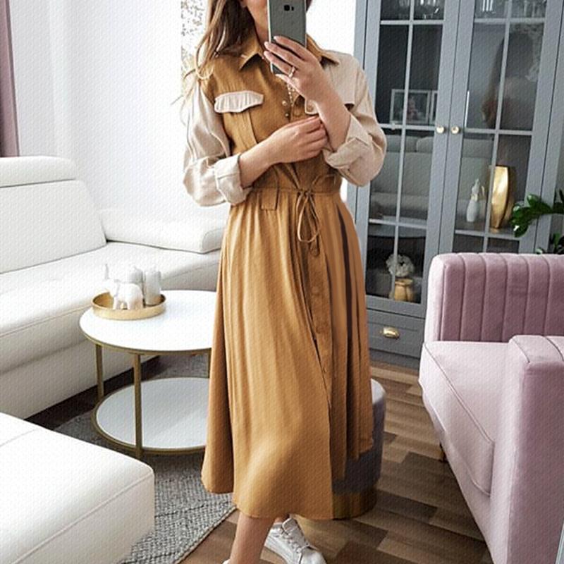 Elegant Khaki mid waist long sleeve dress autumn winter long female - My Store