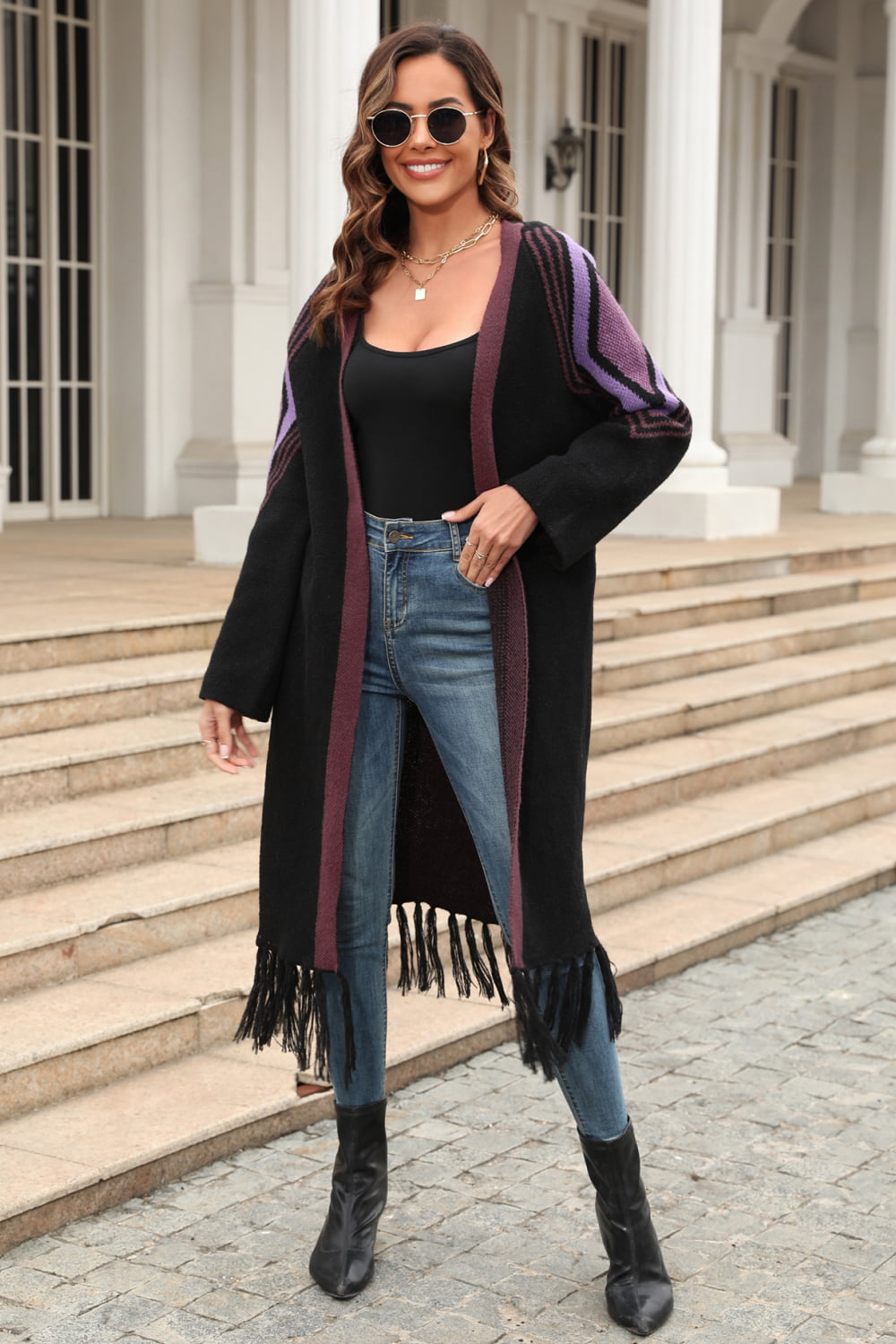 Double Take Geometric Fringe Hem Open Front Duster Cardigan - My Store