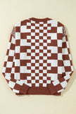 Brown Checkered Print Drop Shoulder Round Neck Sweater - My Store