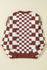 Brown Checkered Print Drop Shoulder Round Neck Sweater - My Store