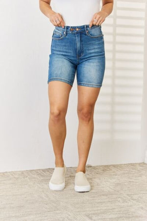 Judy Blue Full Size Tummy Control Double Button Bermuda Denim Shorts - My Store