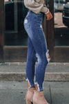 Dark Blue Washed Distressed Slits Skinny Jeans - My Store