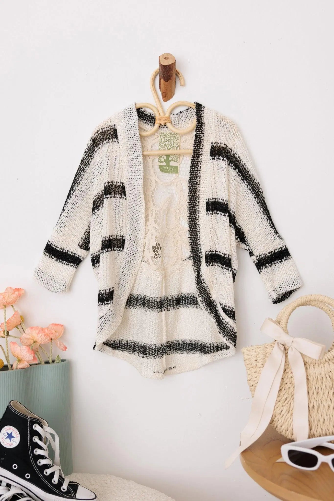 Girls Stripe Back Lace Long Sleeve Open Cardigan - My Store