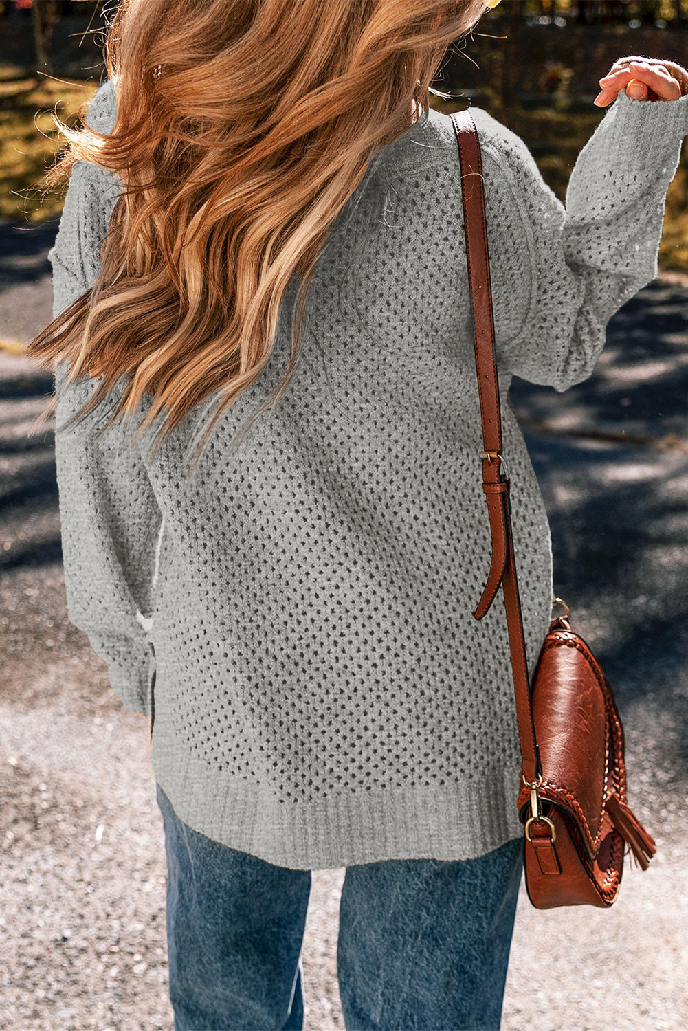 Light Grey Oversized V Neck Drop Shoulder Sweater with Eyelet Detail - My Store