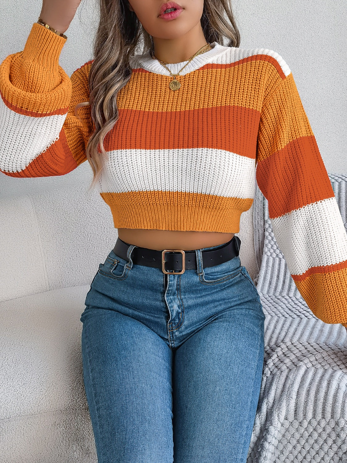 Color Block Round Neck Cropped Sweater - My Store