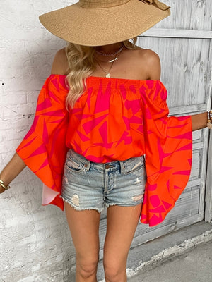 Printed Off-Shoulder Bell Sleeve Blouse - My Store