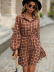 Plaid Drawstring Waist Button Front Shirt Dress - My Store