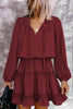 Wine V Neck Long Sleeve Ruffle Tiered Mini Dress - My Store