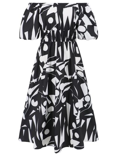 Printed Off-Shoulder Balloon Sleeve Dress - My Store