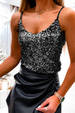 Black Sequined Adjustable Spaghetti Straps Tank Top - My Store