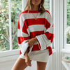 Autumn and winter new women's sweater rolled edge round neck striped c - My Store