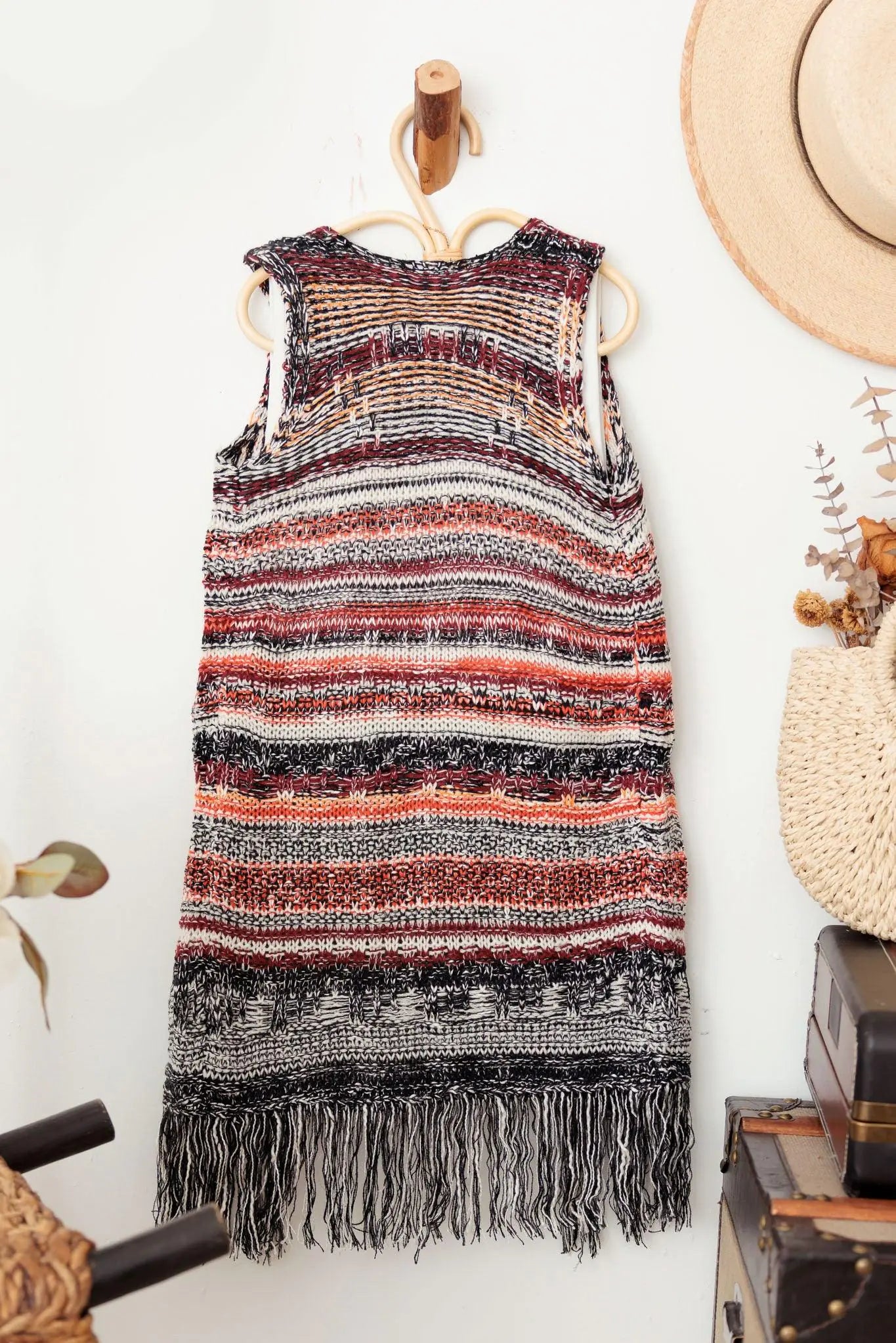 Girls Boho Striped Crochet Fringe Long Sweater Vest - My Store