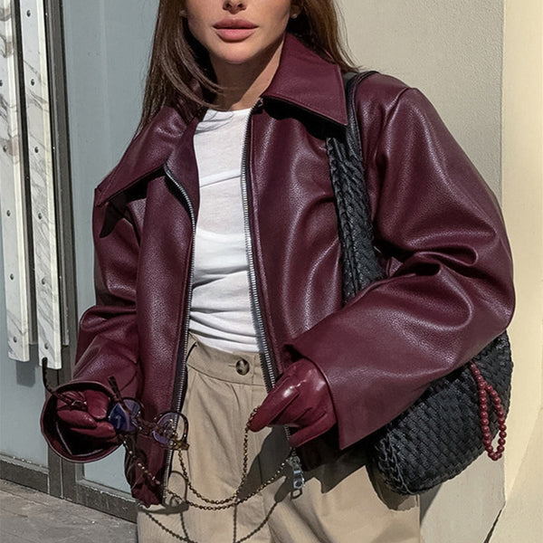 Women's Solid Color Leather Jacket