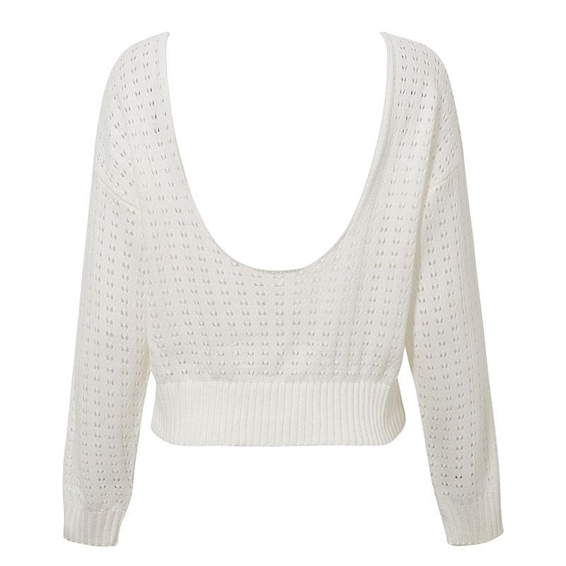 Knitted hollow out o neck pullover Women backless long sleeve - My Store