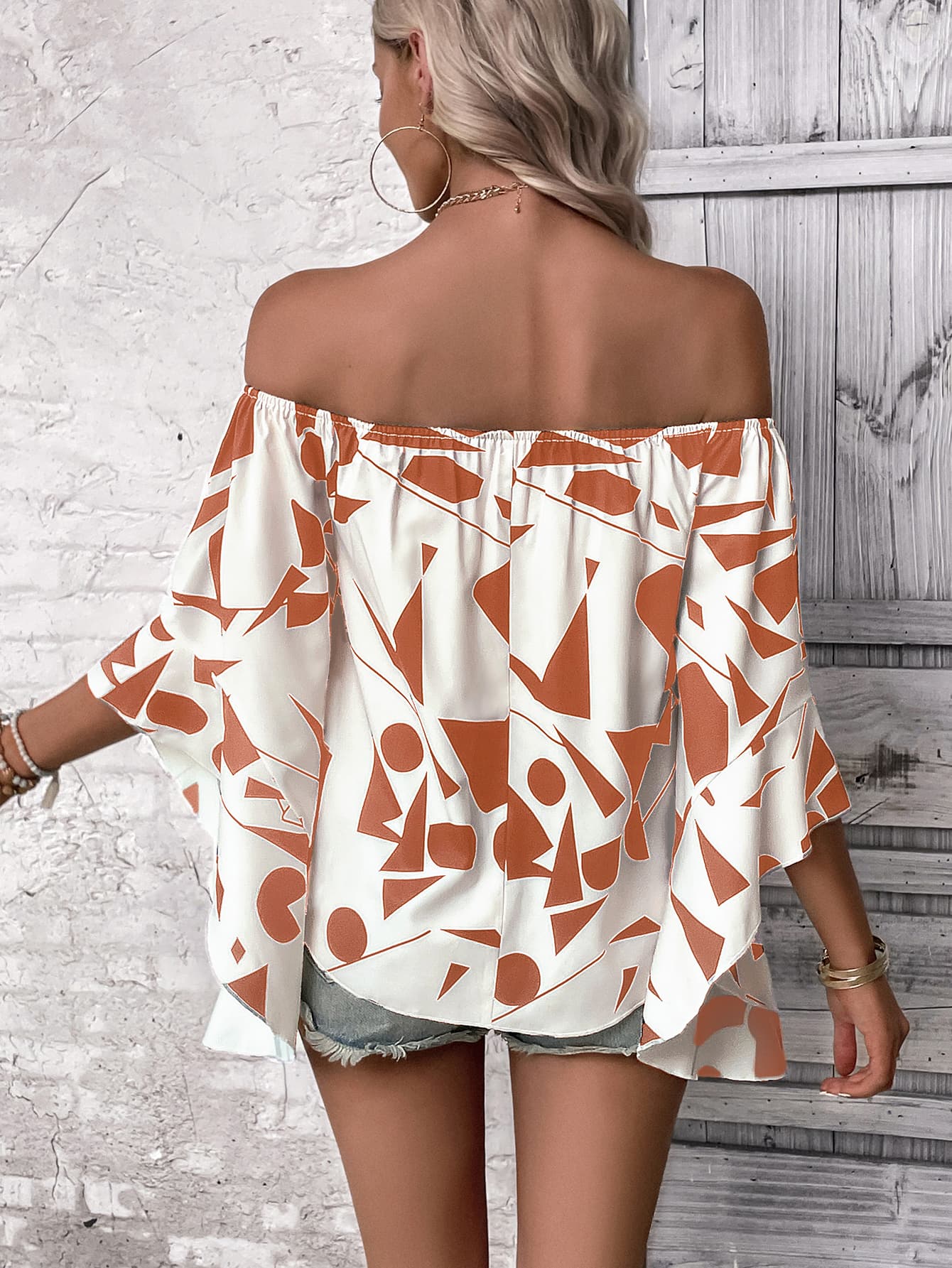 Printed Off-Shoulder Bell Sleeve Blouse - My Store