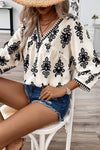 Beige Vintage Geometric Printed 3/4 Sleeve V Neck Blouse - My Store