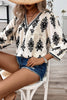 Beige Vintage Geometric Printed 3/4 Sleeve V Neck Blouse - My Store