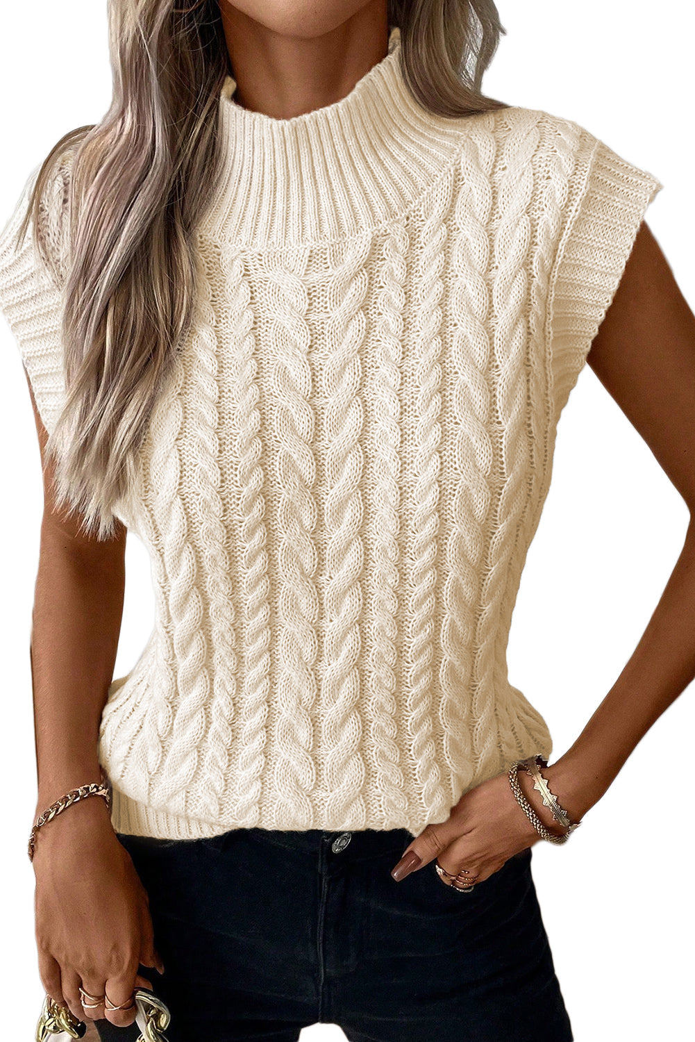 Oatmeal Cable Knit High Neck Sweater Vest - My Store