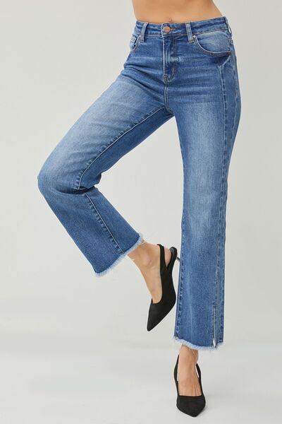 RISEN High Waist Raw Hem Slit Straight Jeans - My Store