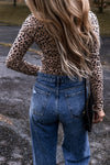 Smoke Gray Leopard Print Long Sleeve Scoop Neck Slim Fit Bodysuit - My Store