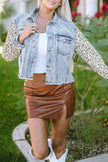 Sky Blue Leopard Patchwork Washed Distressed Denim Jacket - My Store