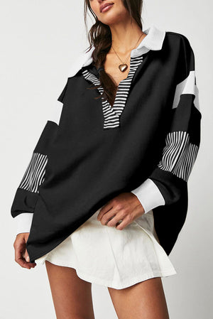 Dark Blue Striped Colorblock Patchwork Collar Sweatshirt - My Store