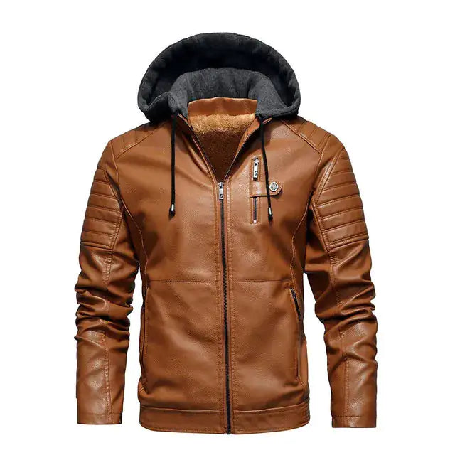 Men's Hooded Leather Windbreaker Jackets