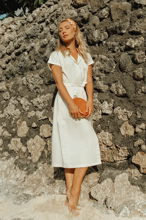 ARYA Safari Linen Midi Dress In Off White - My Store