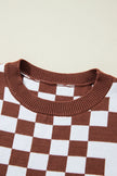 Brown Checkered Print Drop Shoulder Round Neck Sweater - My Store