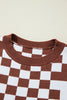 Brown Checkered Print Drop Shoulder Round Neck Sweater - My Store